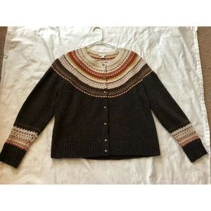 EUC J Jill Dark Brown Fleck Fair Isle Cardigan M